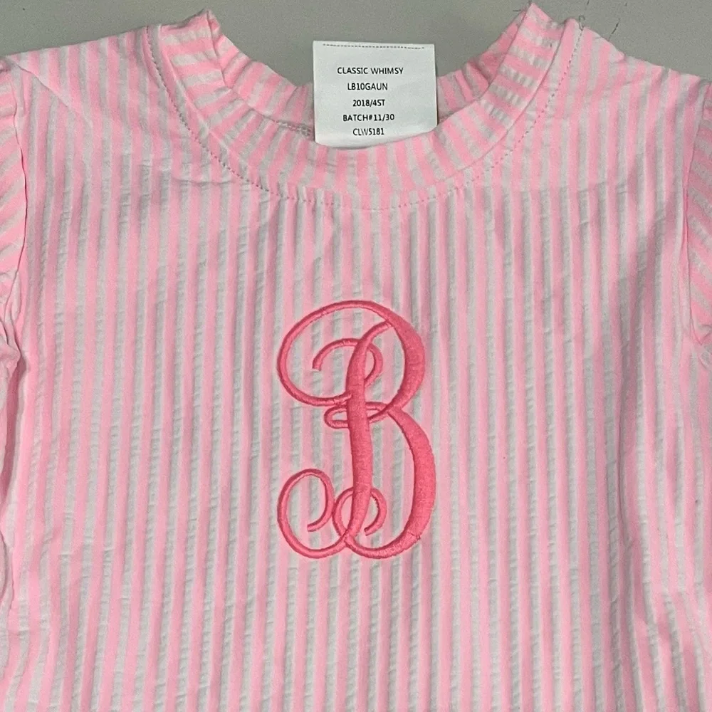 Pink Striped Kids 2 piece bathing suit with monogrammed “B” - Picture 4 of 7